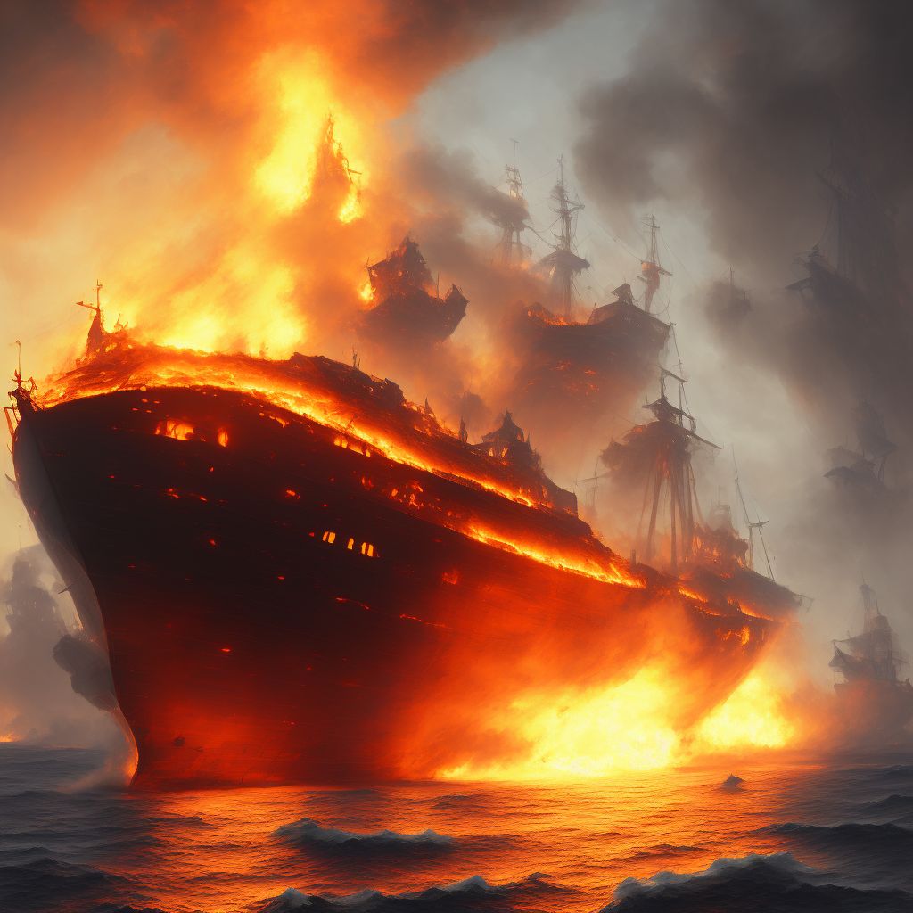 Burn due to merchant ship on fire, sequela digital illustration