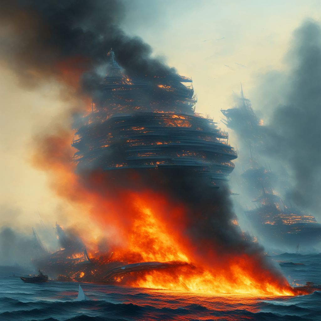 Burn due to passenger ship on fire, subsequent encounter digital illustration