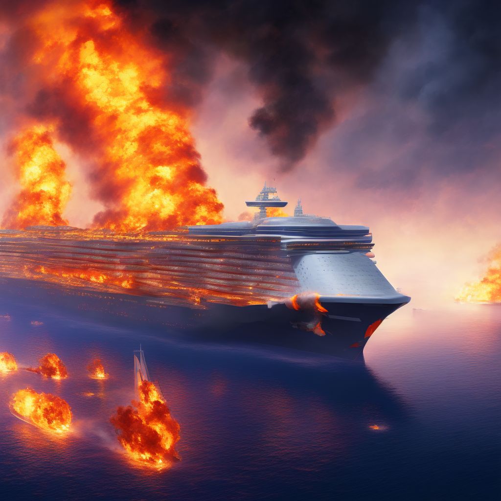 Burn due to passenger ship on fire, sequela digital illustration