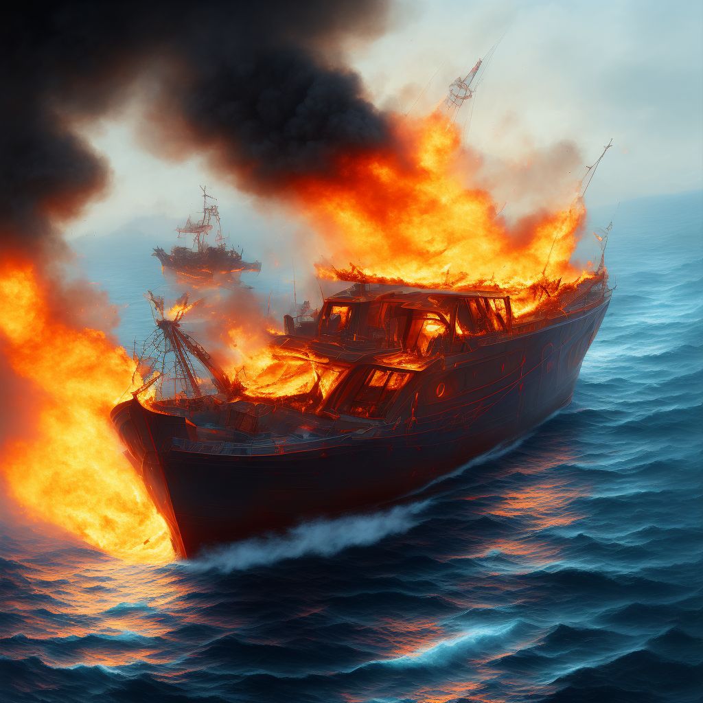 Burn due to fishing boat on fire, initial encounter digital illustration