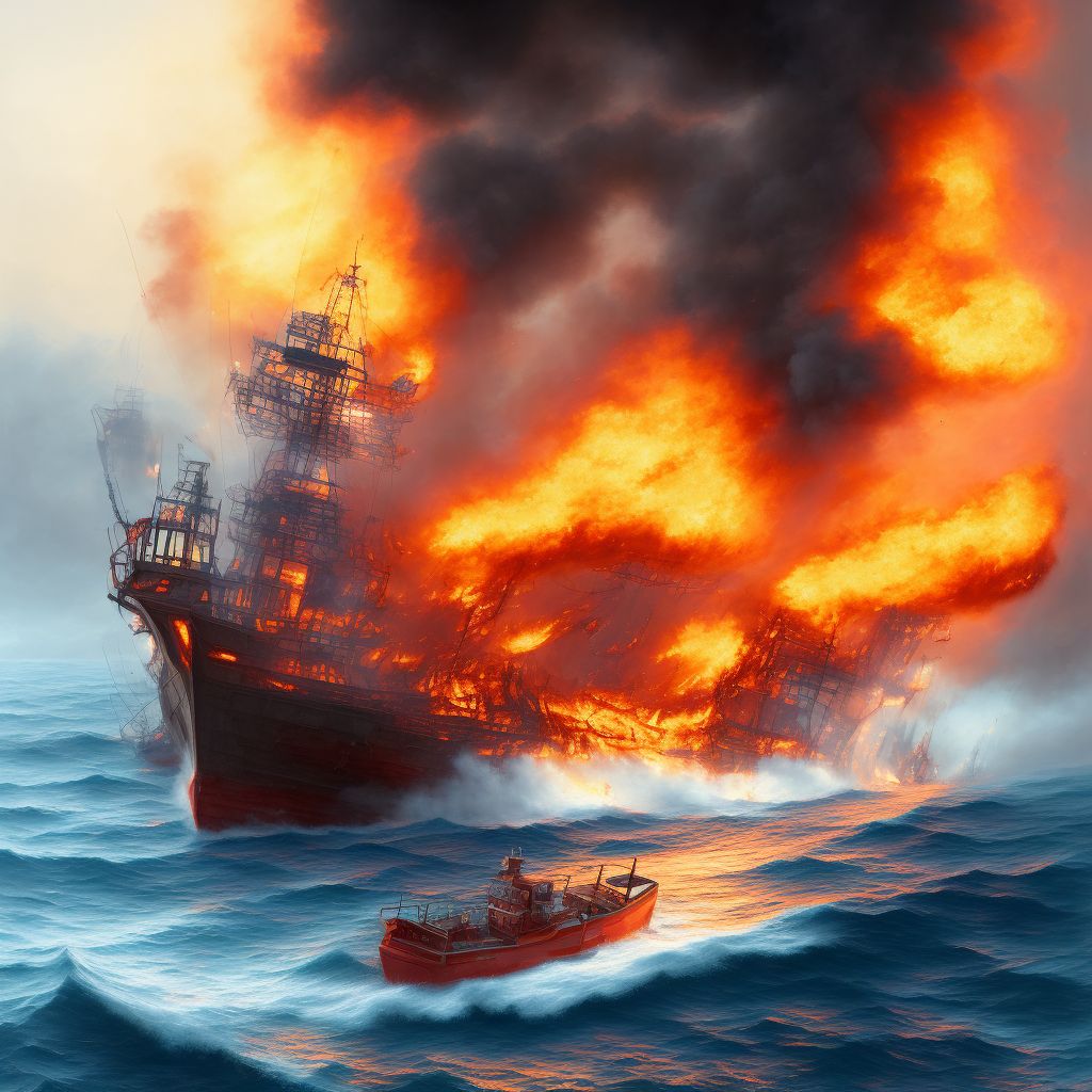 Burn due to fishing boat on fire, subsequent encounter digital illustration