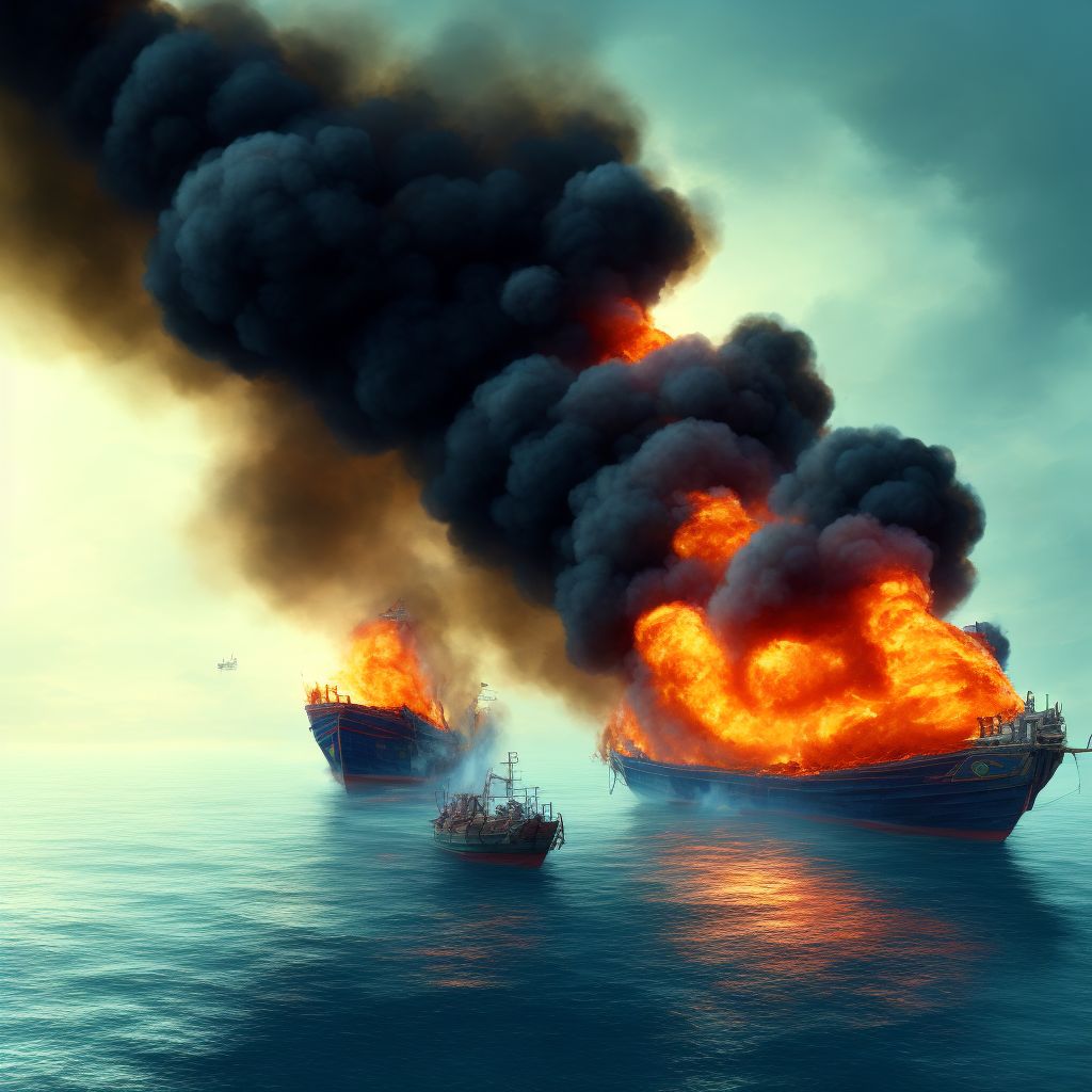 Burn due to fishing boat on fire, sequela digital illustration