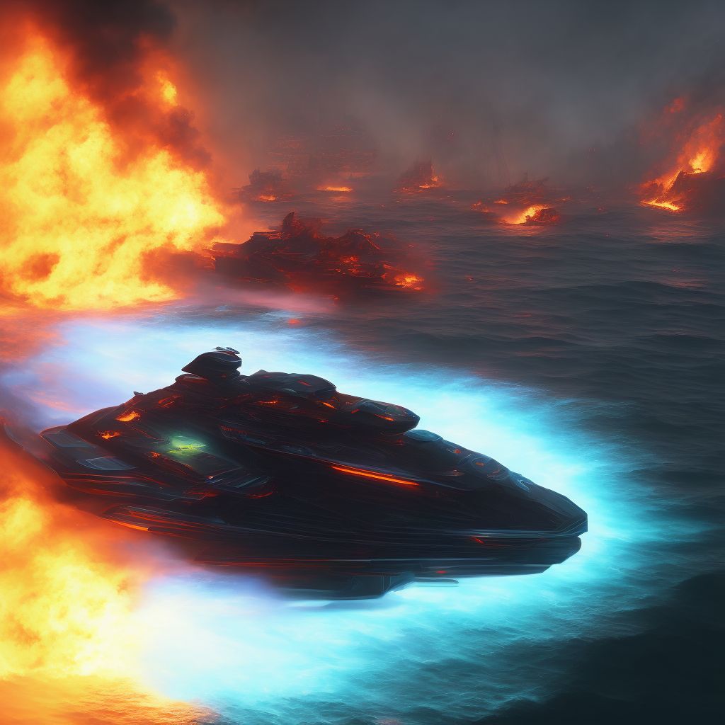 Burn due to other powered watercraft on fire, initial encounter digital illustration