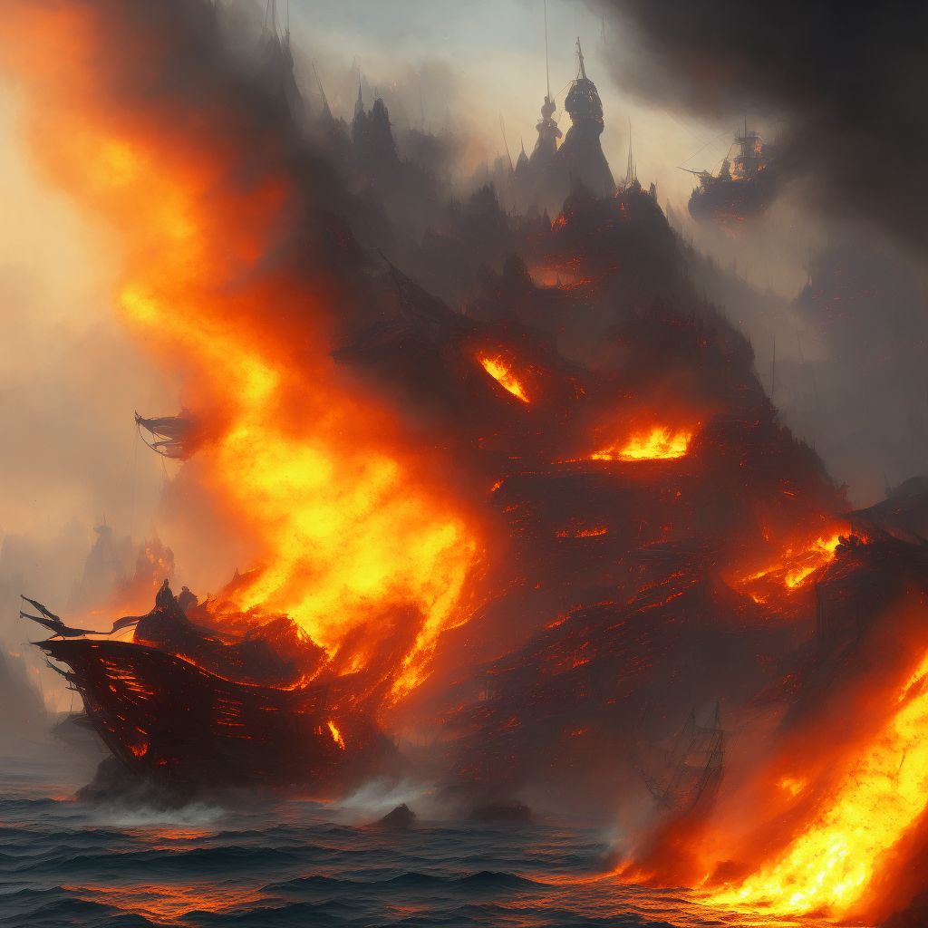 Burn due to other powered watercraft on fire, subsequent encounter digital illustration