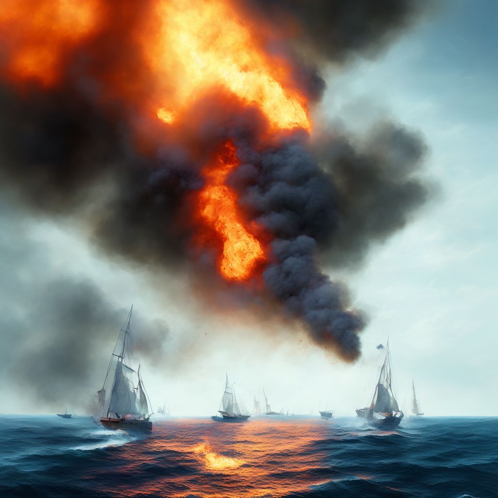 Burn due to sailboat on fire, initial encounter digital illustration