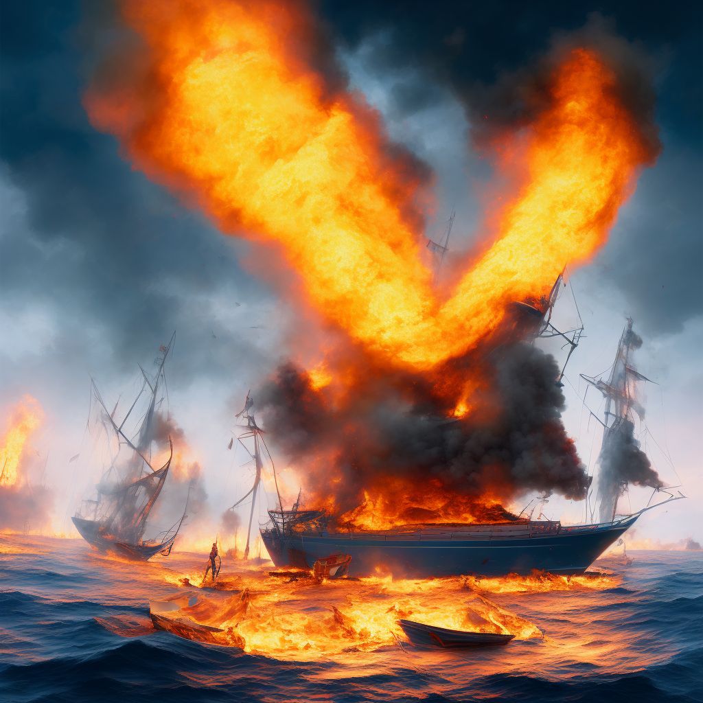 Burn due to sailboat on fire, subsequent encounter digital illustration