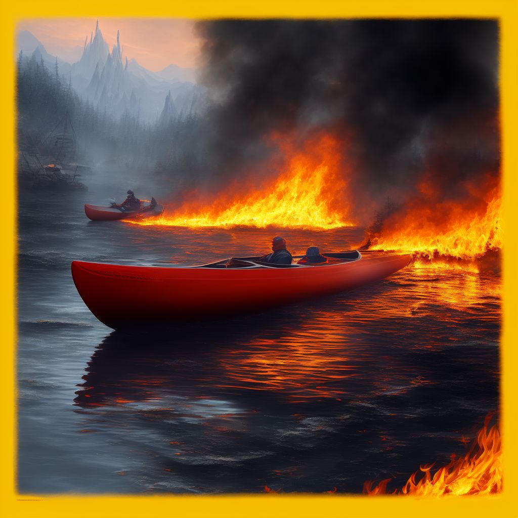 Burn due to canoe or kayak on fire, initial encounter digital illustration