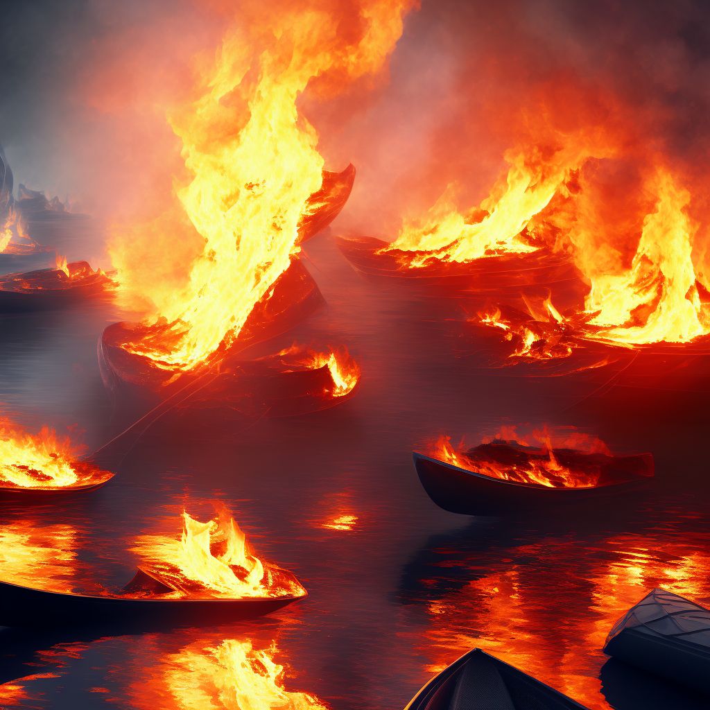 Burn due to canoe or kayak on fire, subsequent encounter digital illustration