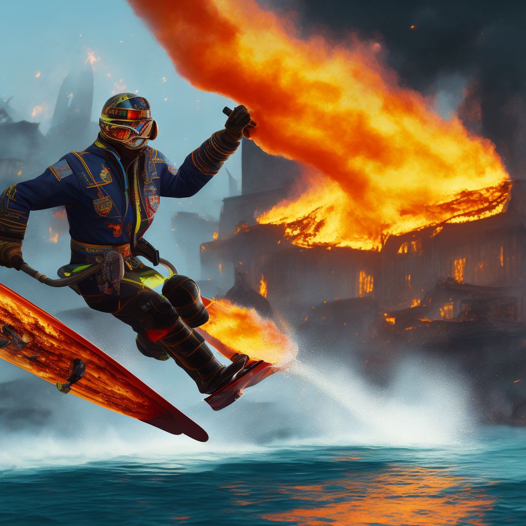 Burn due to water-skis on fire, subsequent encounter digital illustration