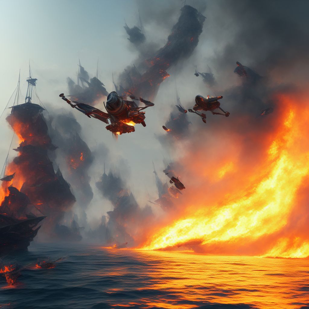 Burn due to other unpowered watercraft on fire, initial encounter digital illustration