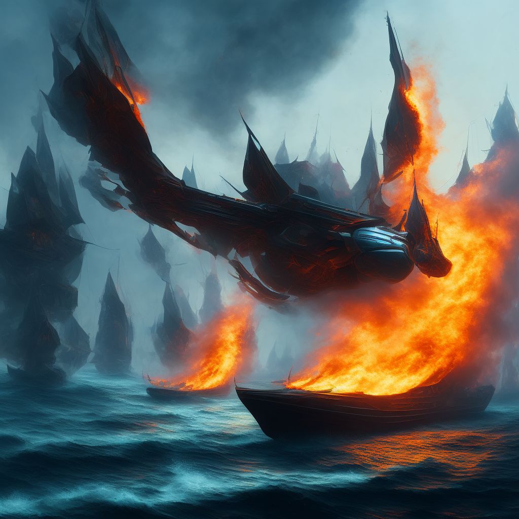 Burn due to other unpowered watercraft on fire, subsequent encounter digital illustration