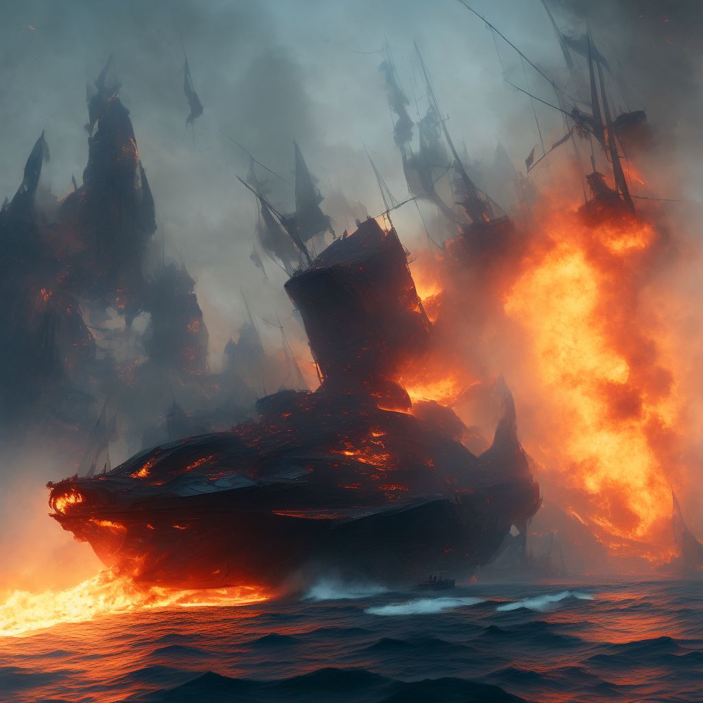 Burn due to other unpowered watercraft on fire, sequela digital illustration