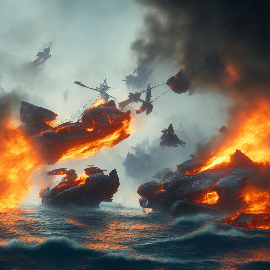 Burn due to unspecified watercraft on fire, initial encounter digital illustration