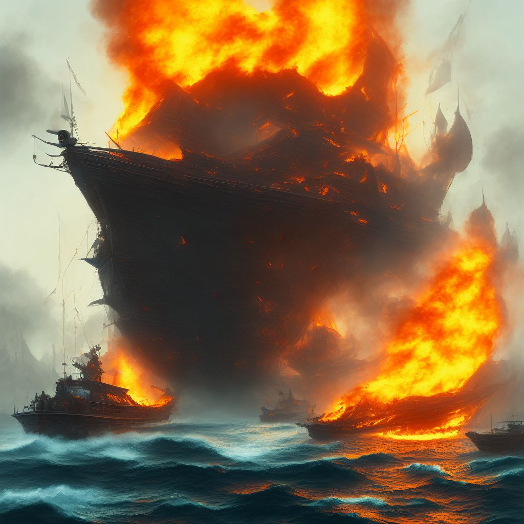 Burn due to unspecified watercraft on fire, subsequent encounter digital illustration