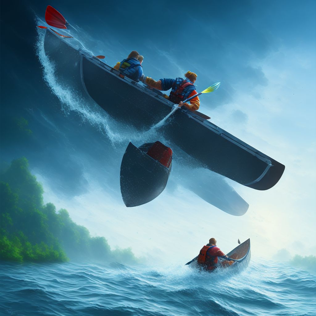 Crushed between canoe or kayak and other watercraft or other object due to collision, initial encounter digital illustration