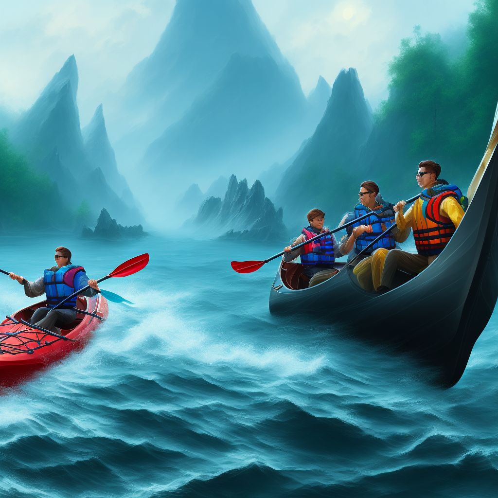 Crushed between canoe or kayak and other watercraft or other object due to collision, sequela digital illustration