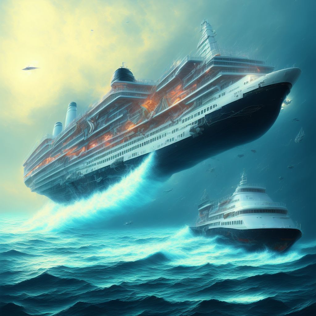 Fall due to collision between passenger ship and other watercraft or other object, initial encounter digital illustration