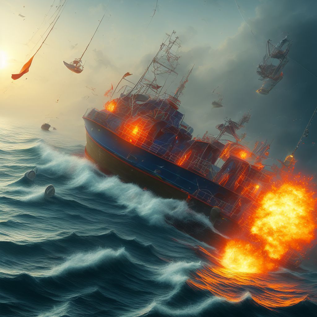 Fall due to collision between fishing boat and other watercraft or other object, initial encounter digital illustration