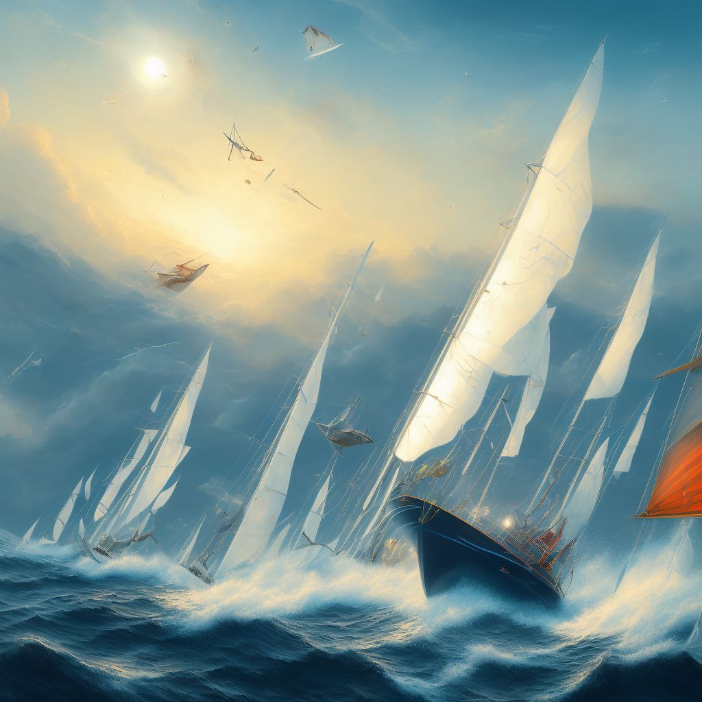 Fall due to collision between sailboat and other watercraft or other object, initial encounter digital illustration