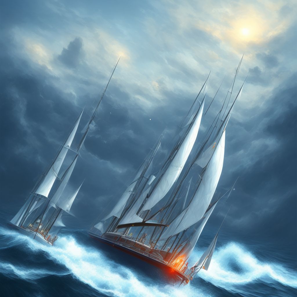 Fall due to collision between sailboat and other watercraft or other object, sequela digital illustration