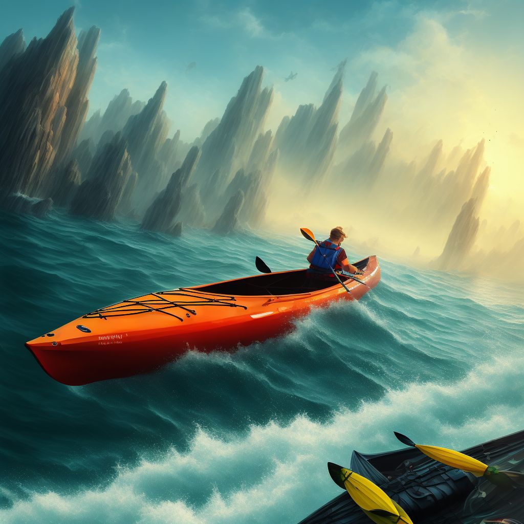 Fall due to collision between canoe or kayak and other watercraft or other object, initial encounter digital illustration