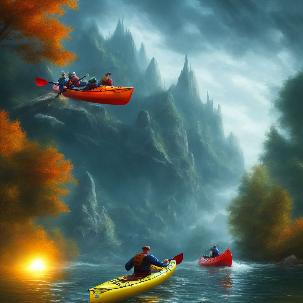 Fall due to collision between canoe or kayak and other watercraft or other object, subsequent encounter digital illustration