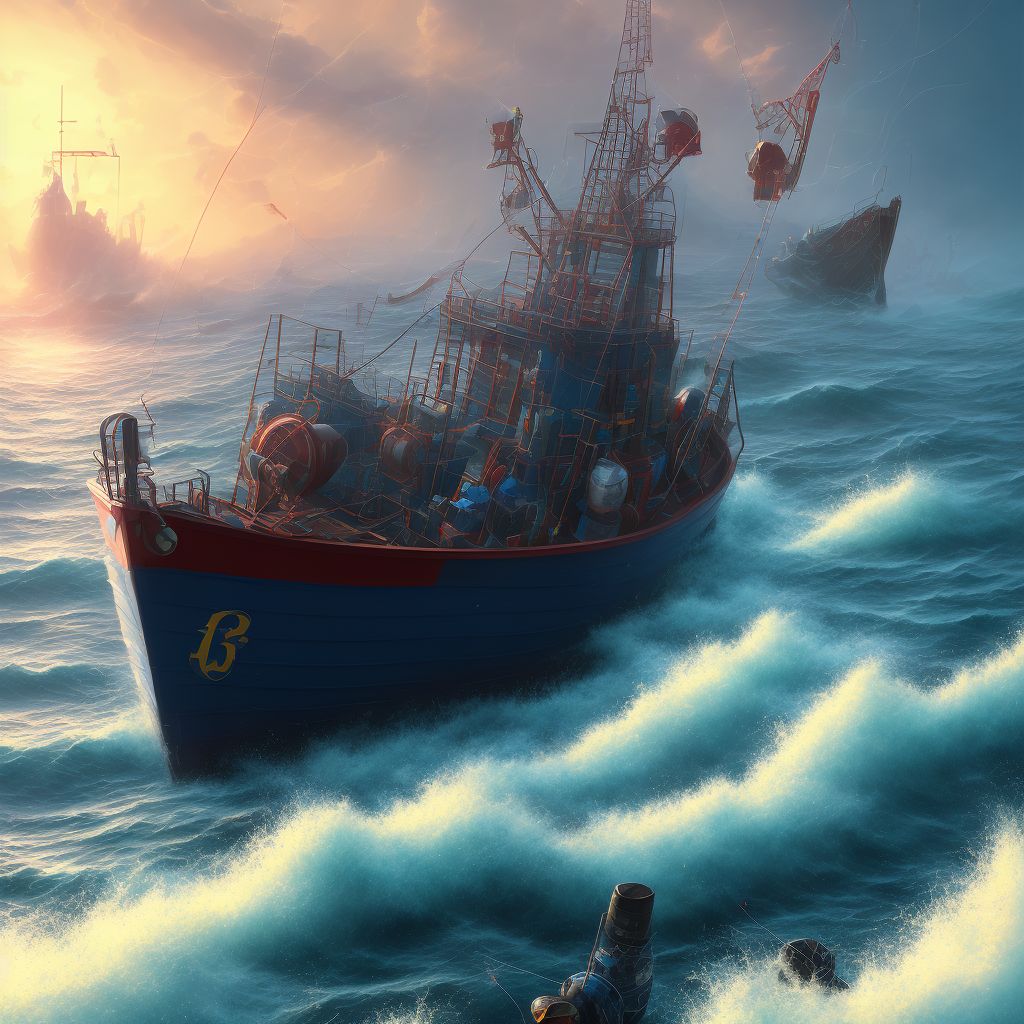 Hit or struck by falling object due to accident to fishing boat, initial encounter digital illustration