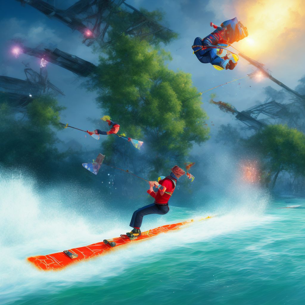 Hit or struck by falling object due to accident to water-skis, initial encounter digital illustration