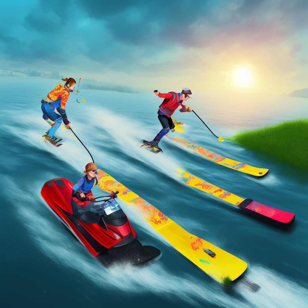 Hit or struck by falling object due to accident to water-skis, sequela digital illustration