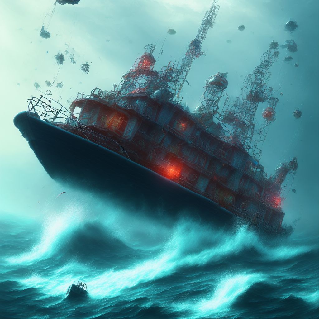 Drowning and submersion due to fall off fishing boat, initial encounter digital illustration