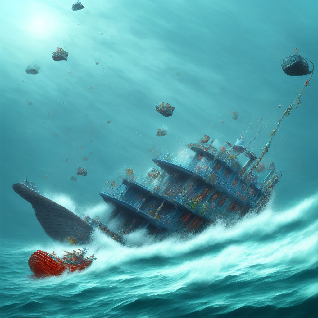 Drowning and submersion due to being thrown overboard by motion of fishing boat, sequela digital illustration