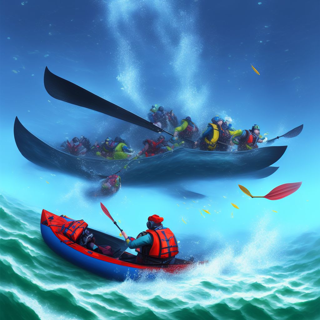 Drowning and submersion due to being thrown overboard by motion of canoe or kayak, subsequent encounter digital illustration