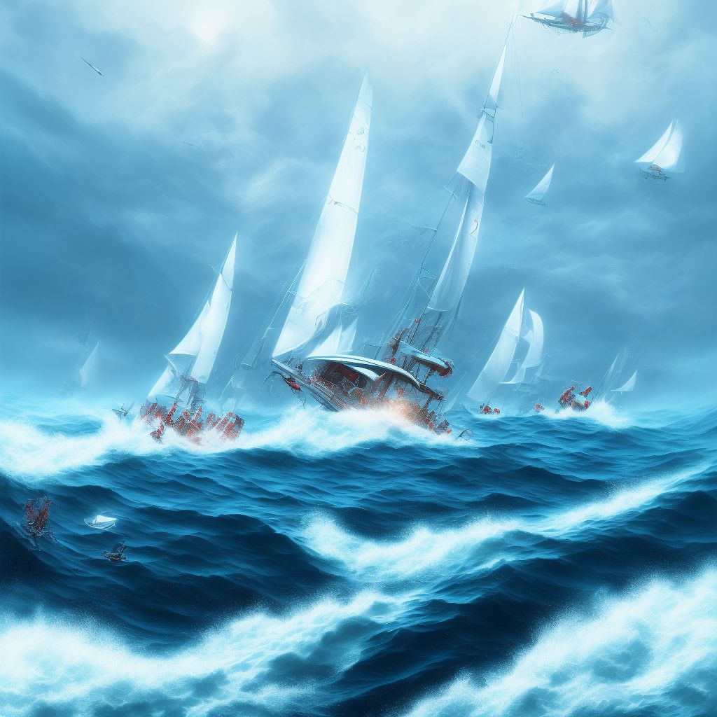 Drowning and submersion due to being washed overboard from sailboat, subsequent encounter digital illustration