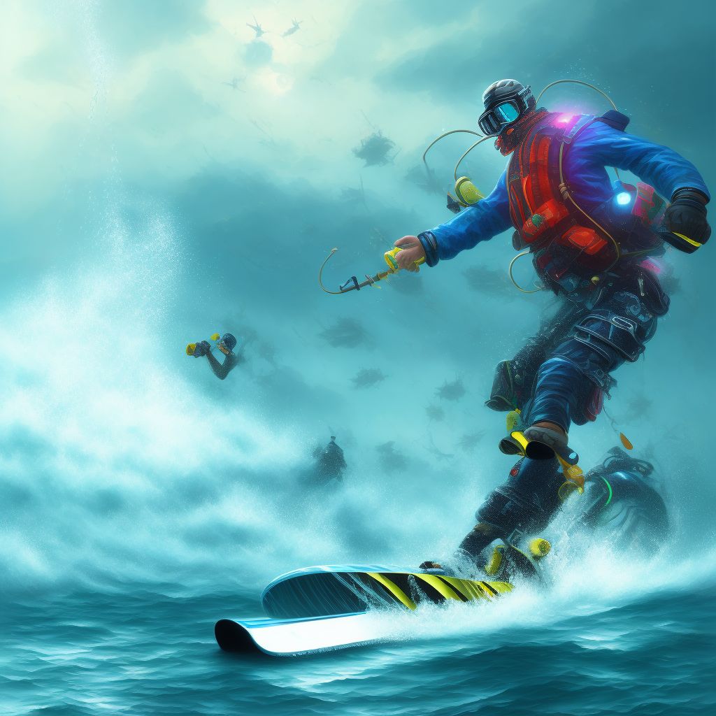 Drowning and submersion due to being washed overboard from water-skis, subsequent encounter digital illustration