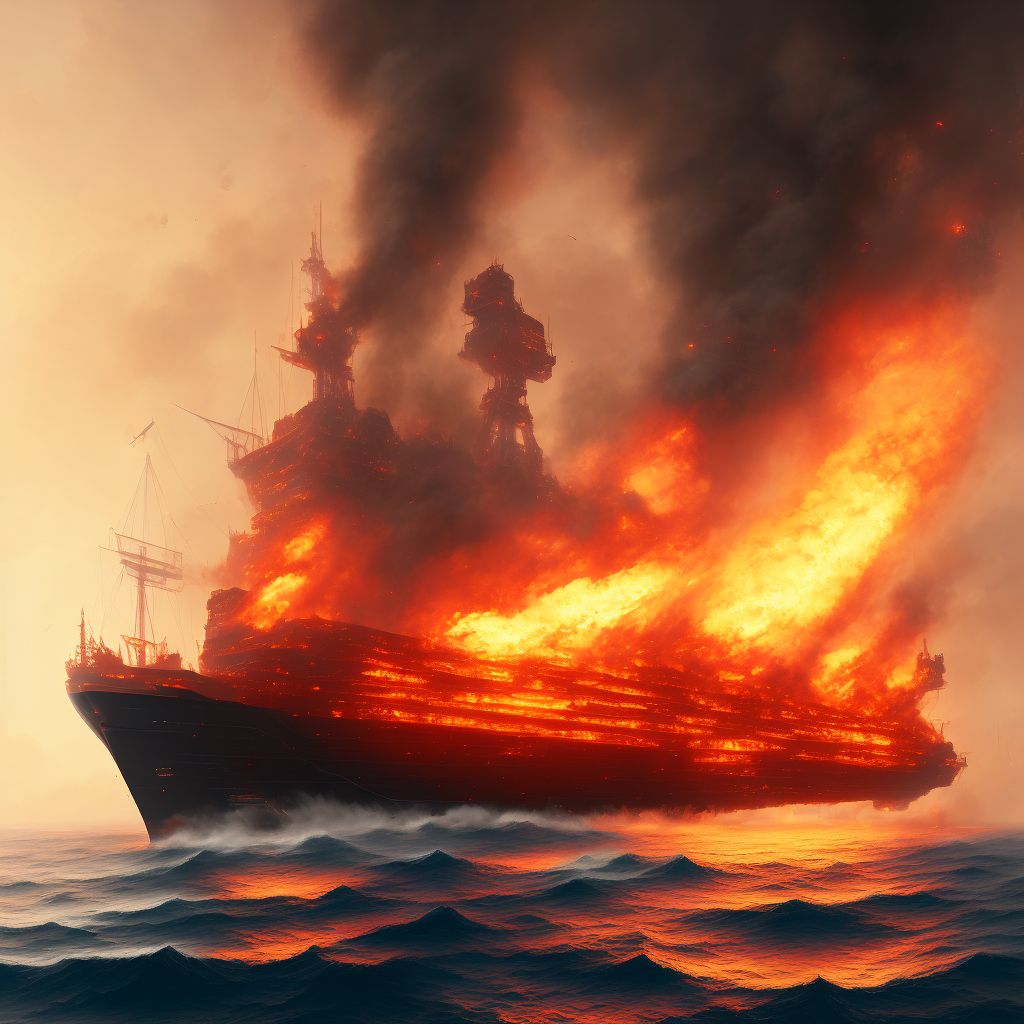 Burn due to localized fire on board merchant vessel, initial encounter digital illustration