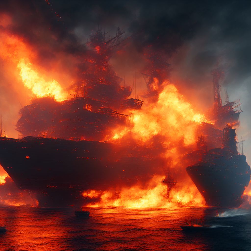 Burn due to localized fire on board merchant vessel, subsequent encounter digital illustration