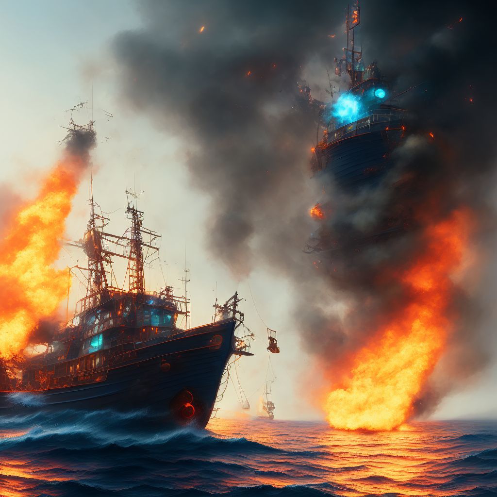 Burn due to localized fire on board fishing boat, initial encounter digital illustration