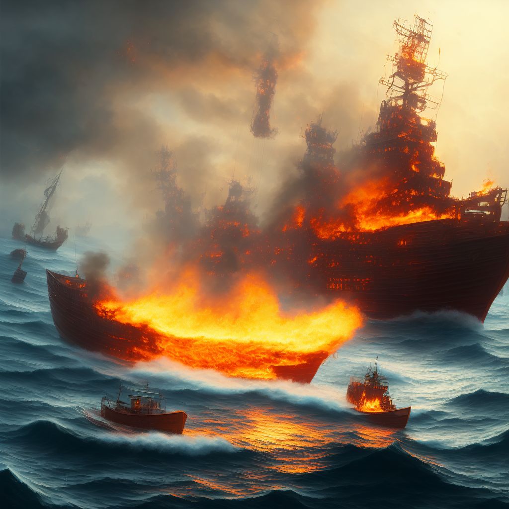 Burn due to localized fire on board fishing boat, subsequent encounter digital illustration