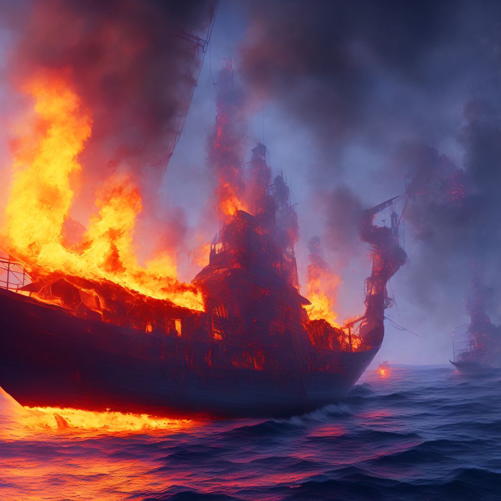 Burn due to localized fire on board fishing boat, sequela digital illustration