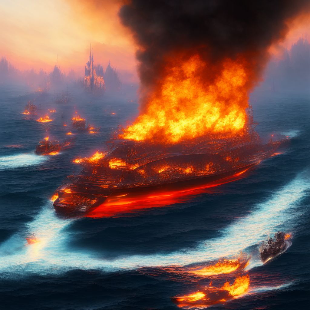 Burn due to localized fire on board other powered watercraft, initial encounter digital illustration