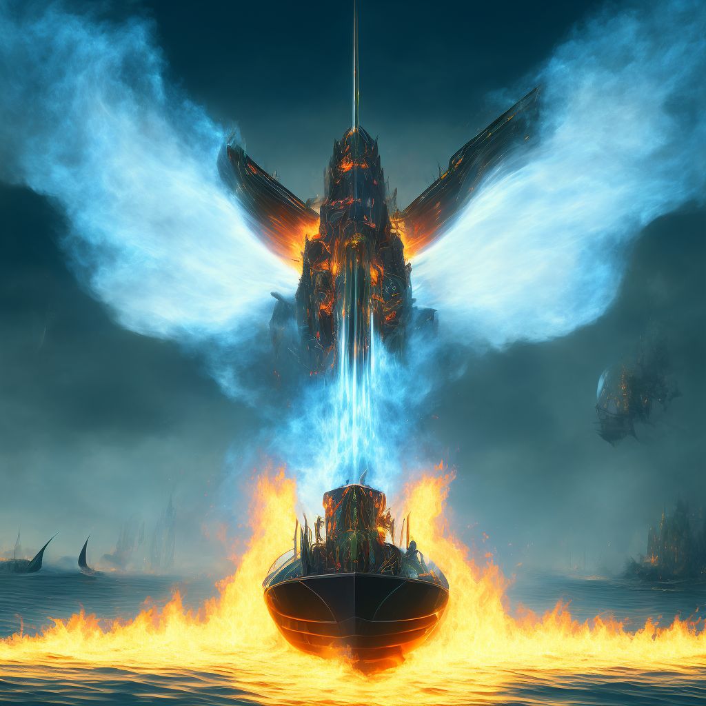 Burn due to localized fire on board other powered watercraft, subsequent encounter digital illustration