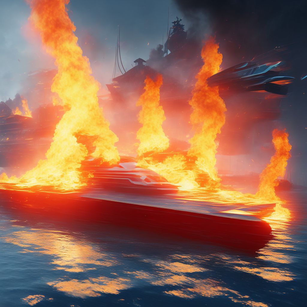 Burn due to localized fire on board other powered watercraft, sequela digital illustration