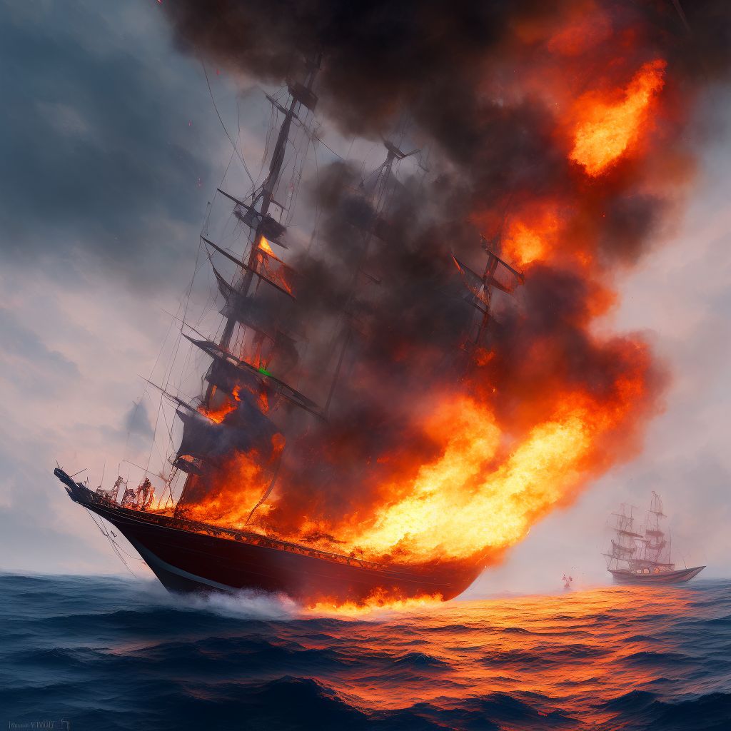 Burn due to localized fire on board sailboat, initial encounter digital illustration