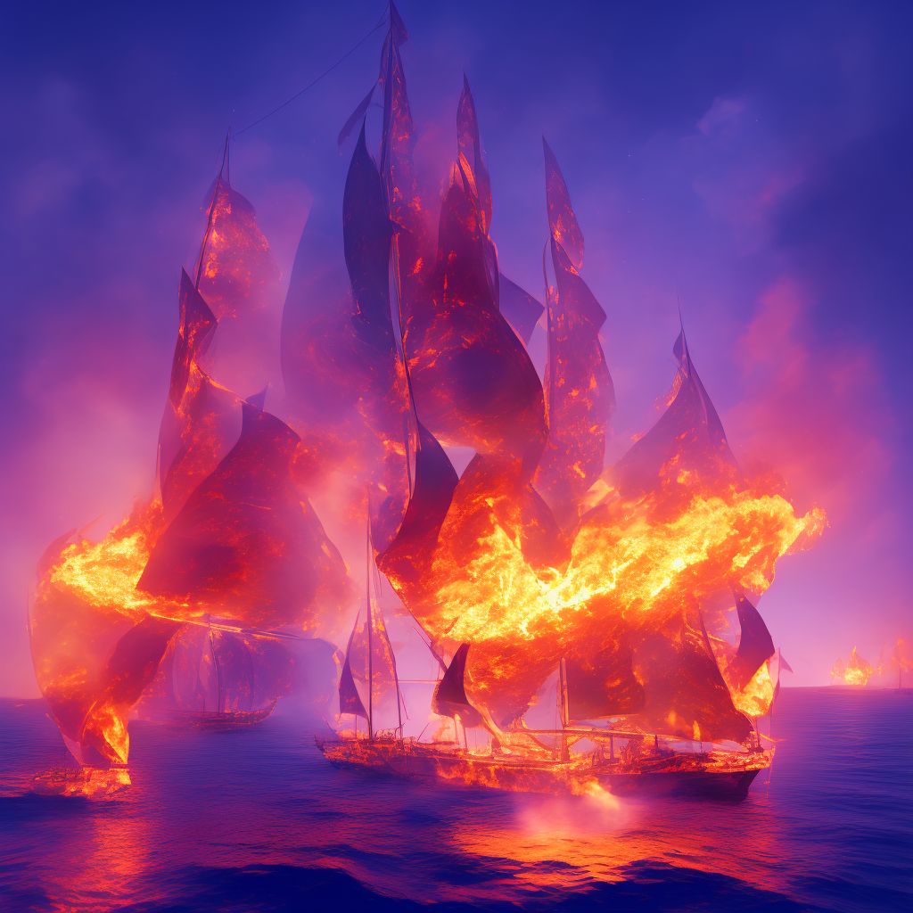 Burn due to localized fire on board sailboat, sequela digital illustration