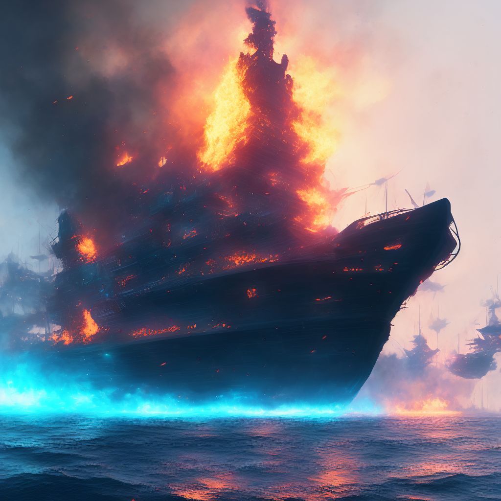 Burn due to localized fire on board unspecified watercraft, initial encounter digital illustration