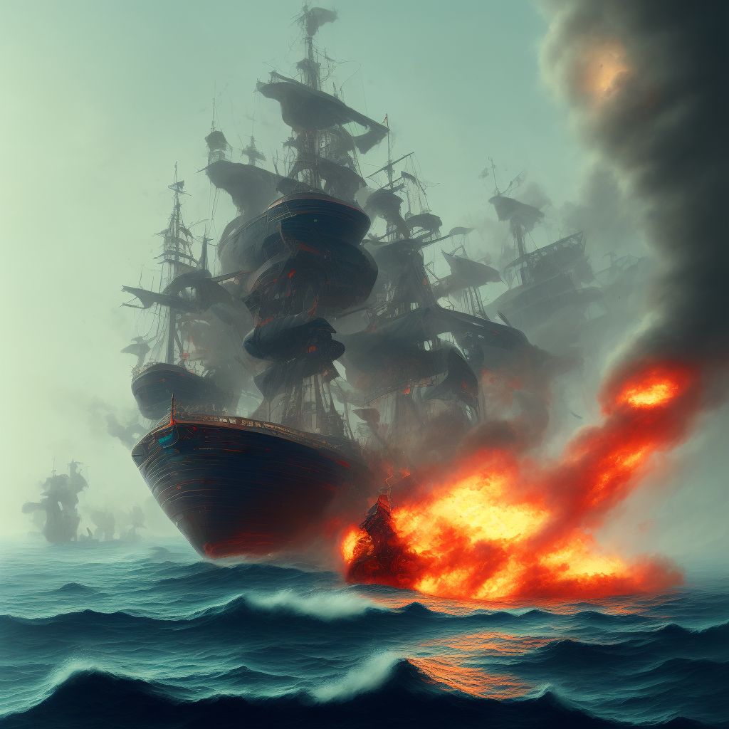 Other burn on board merchant vessel, sequela digital illustration