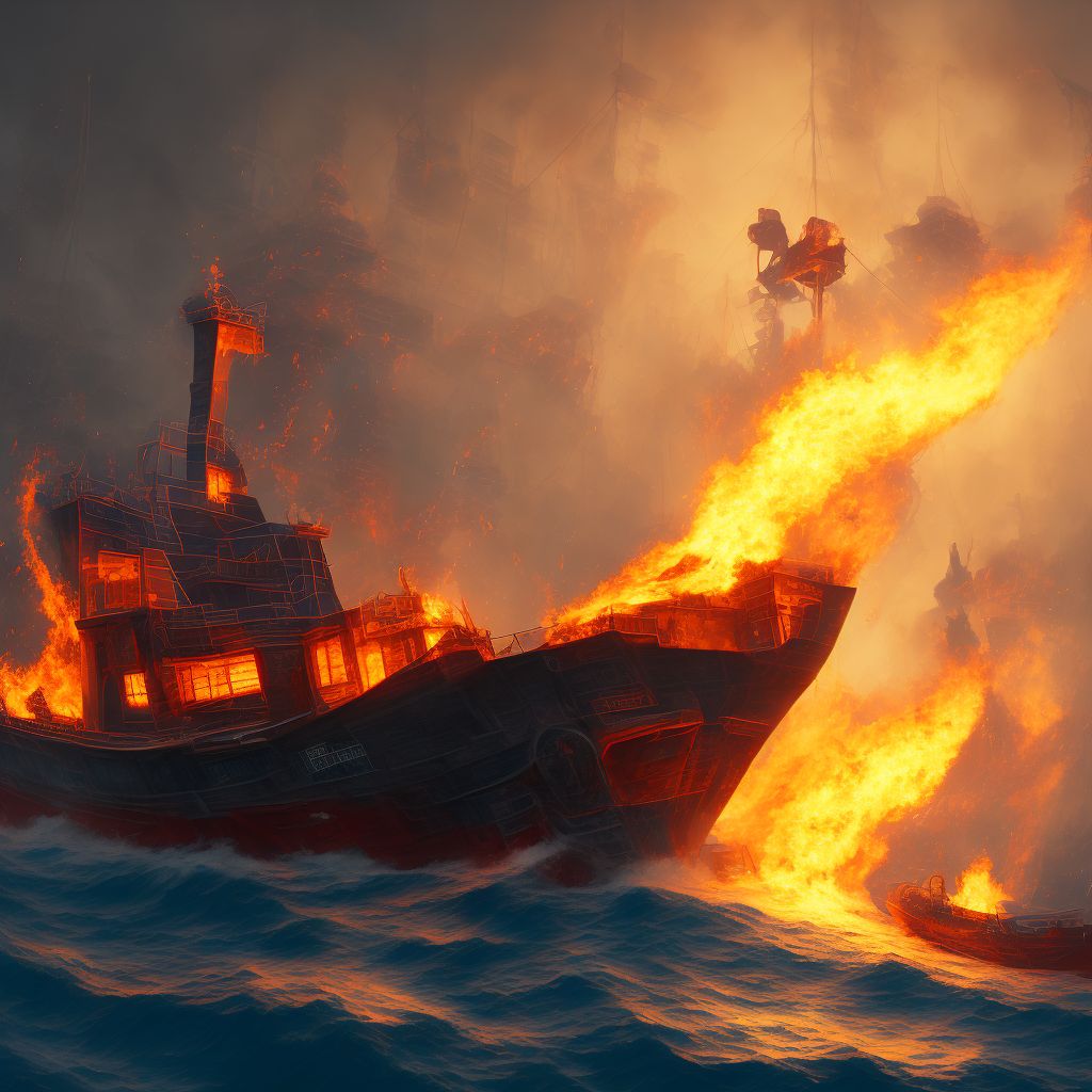 Other burn on board fishing boat, subsequent encounter digital illustration