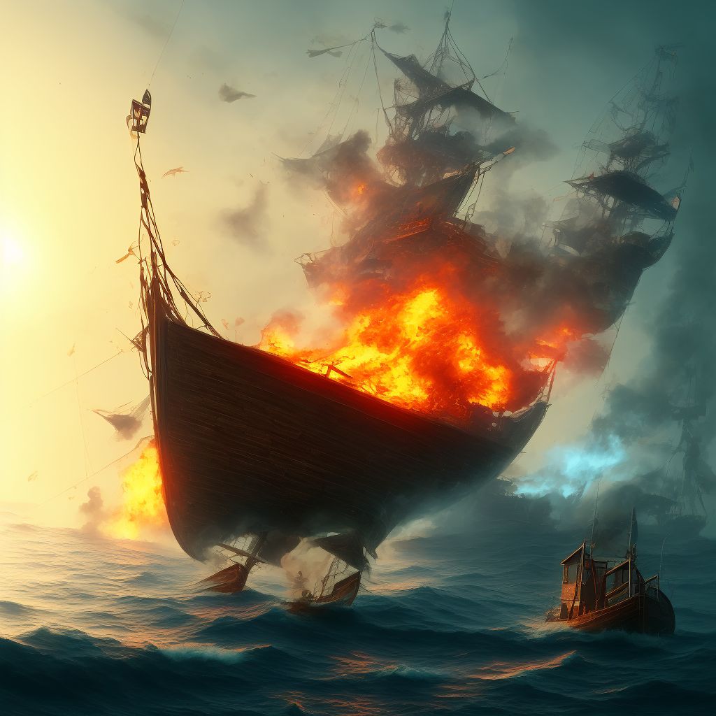 Other burn on board fishing boat, sequela digital illustration