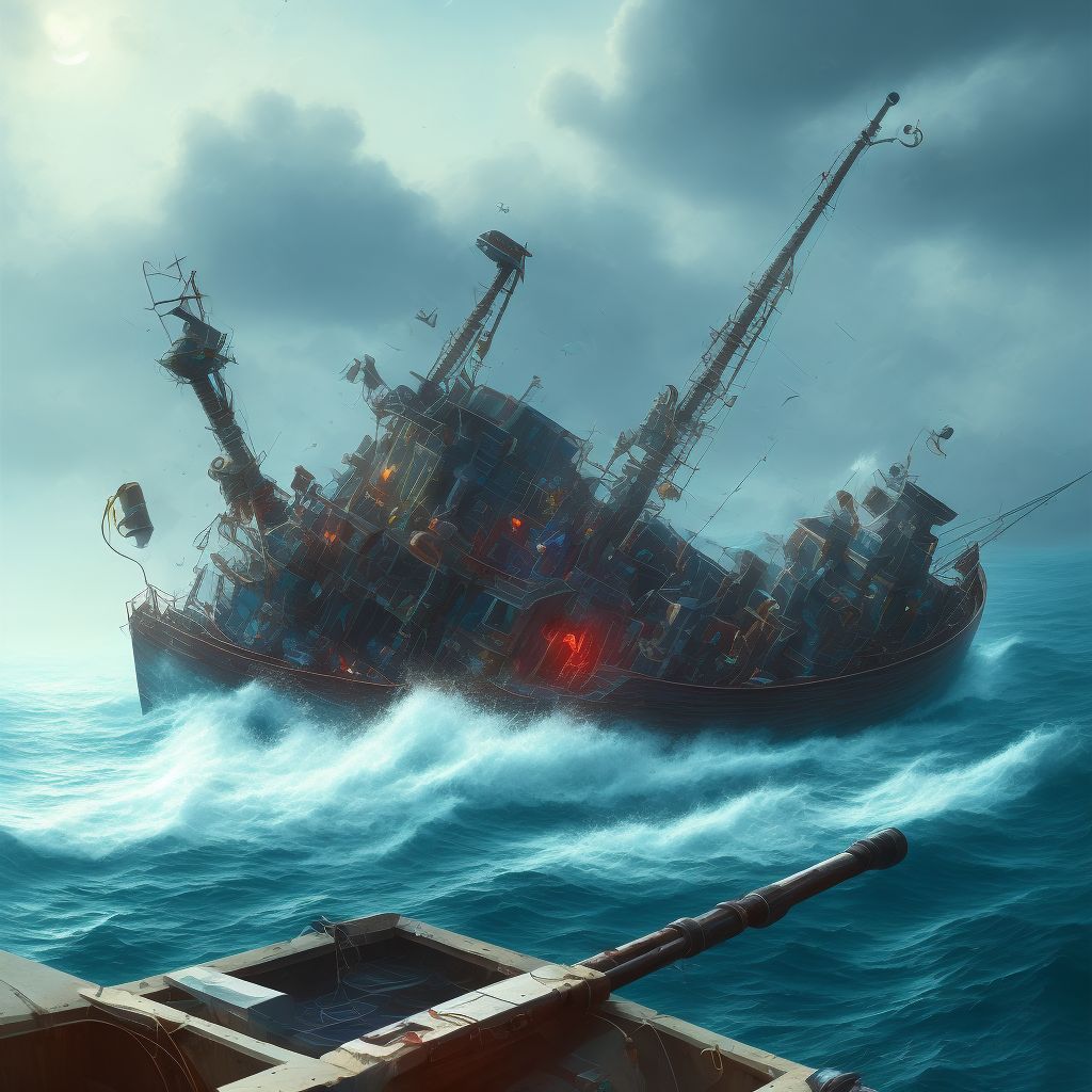 Struck by falling object on fishing boat, initial encounter digital illustration