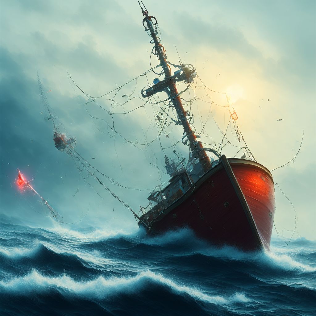 Struck by falling object on fishing boat, subsequent encounter digital illustration